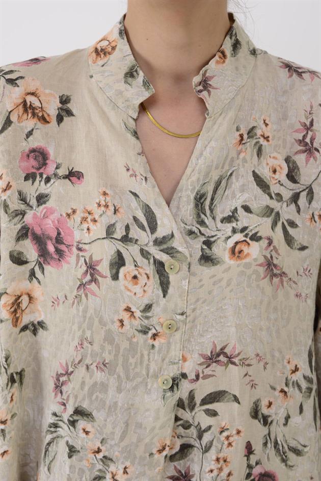 25114 LOVA ÇİÇEK DESEN KETEN ELBİSE