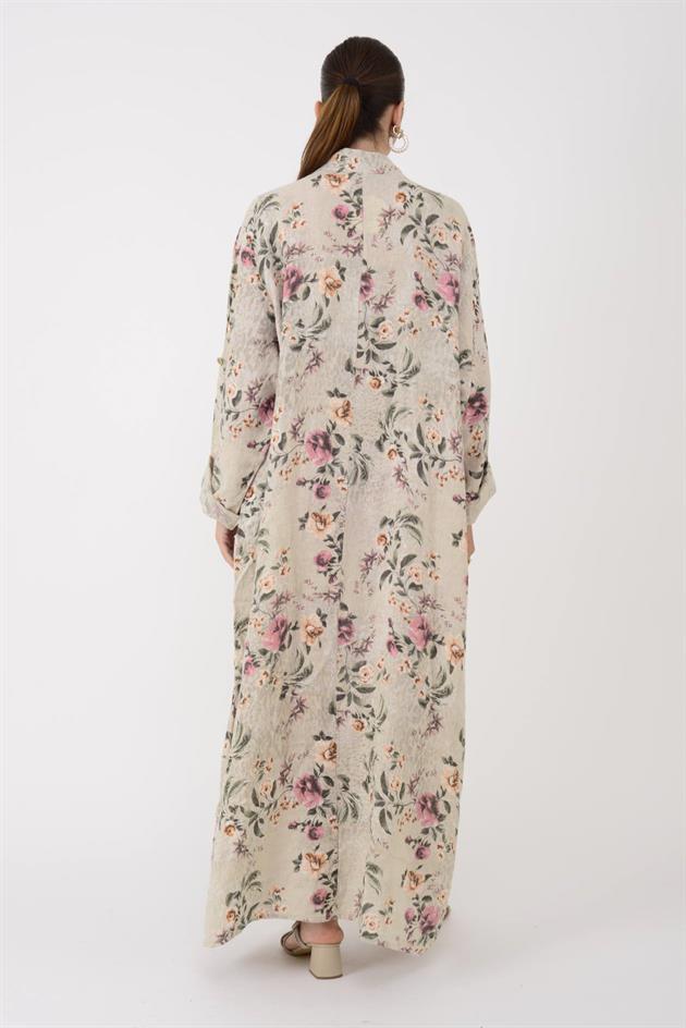 25114 LOVA ÇİÇEK DESEN KETEN ELBİSE