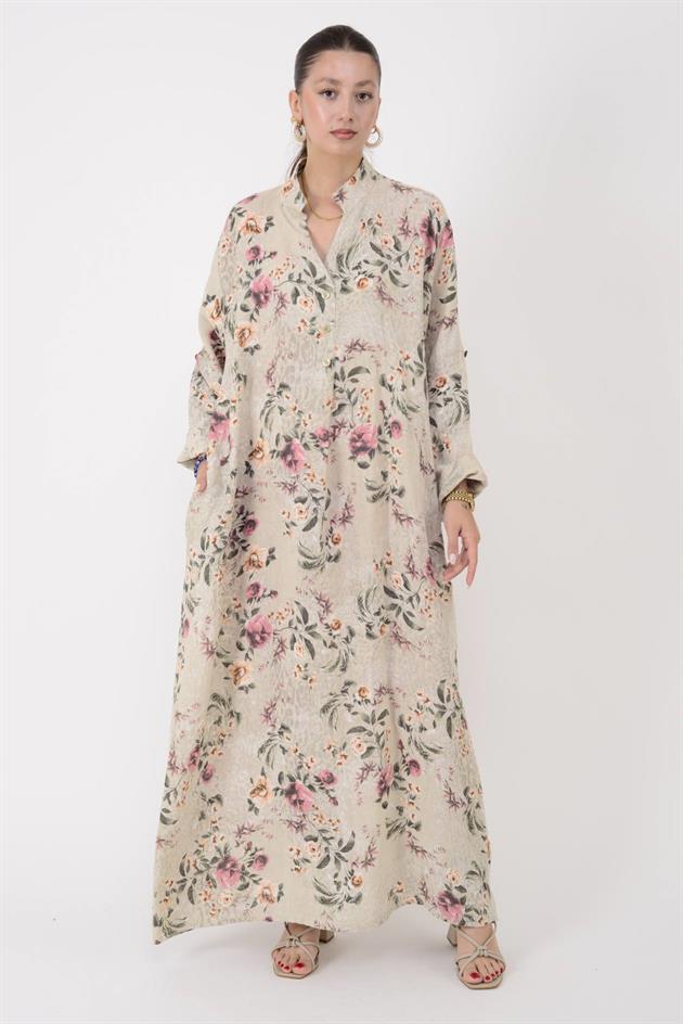 25114 LOVA ÇİÇEK DESEN KETEN ELBİSE