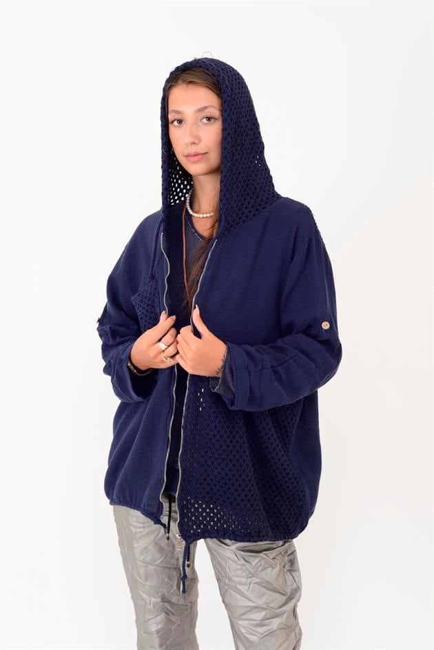 25121 AJUR DETAYLI KAPÜŞONLU FERMUARLI CEKET