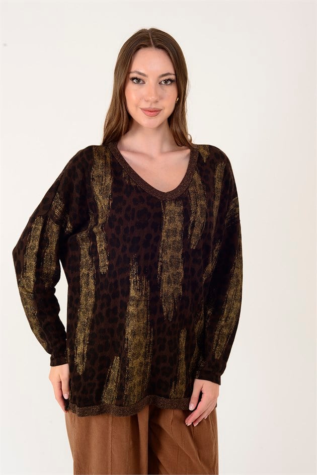25192 LEOPAR DESEN SİMLİ TRİKO BLUZ