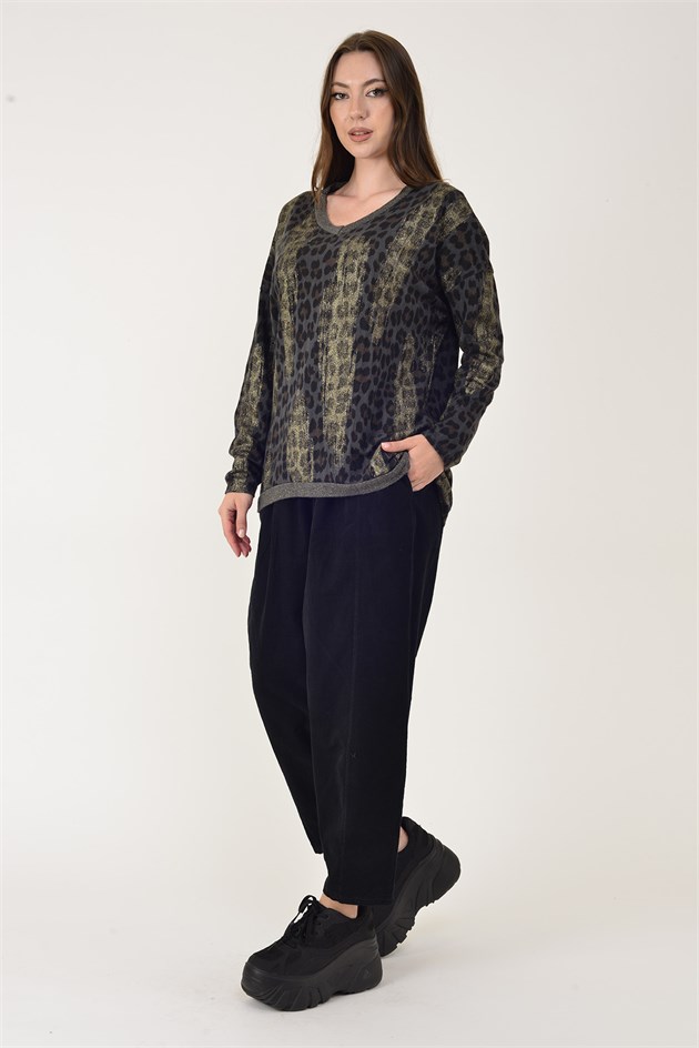 25192 LEOPAR DESEN SİMLİ TRİKO BLUZ