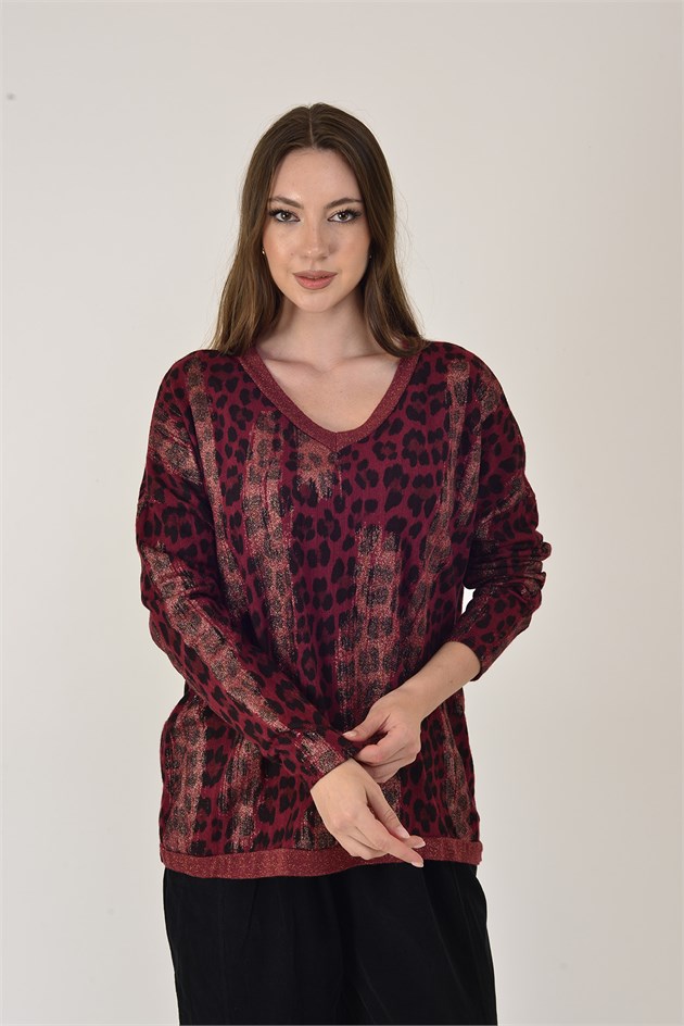 25192 LEOPAR DESEN SİMLİ TRİKO BLUZ