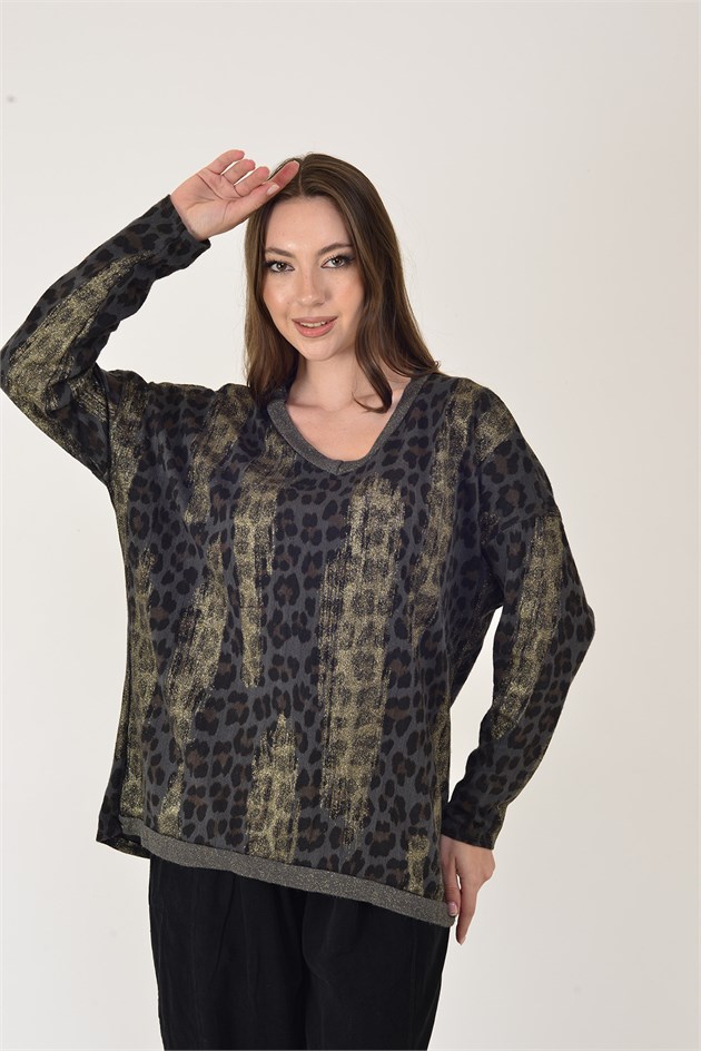 25192 LEOPAR DESEN SİMLİ TRİKO BLUZ