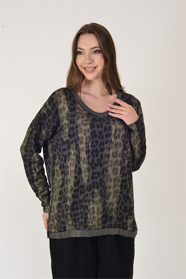 25192 LEOPAR DESEN SİMLİ TRİKO BLUZ
