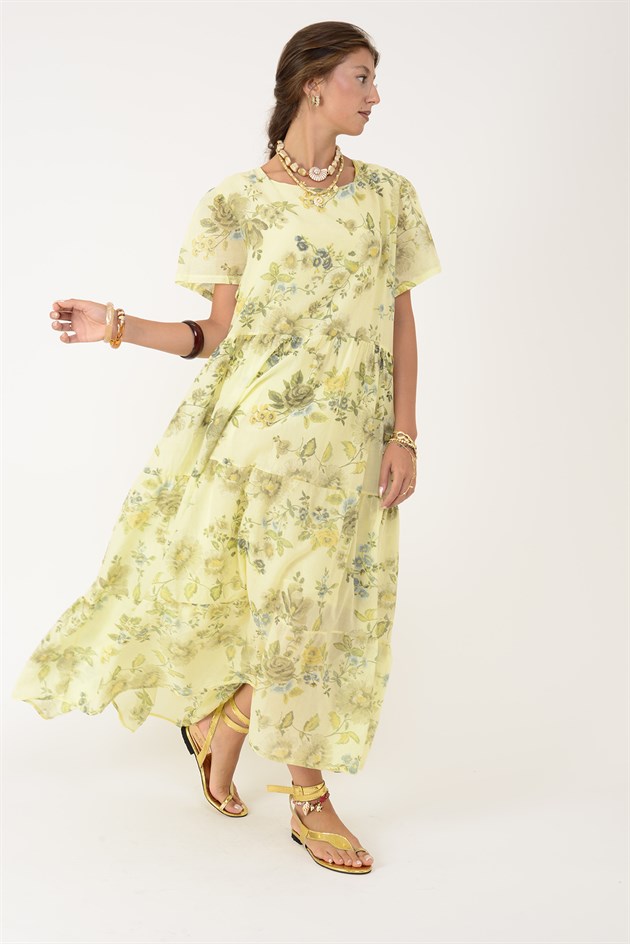 25335 LOVA ÇİÇEK DESEN SIRTTAN BAĞLAMALI ROBADAN ELBİSE