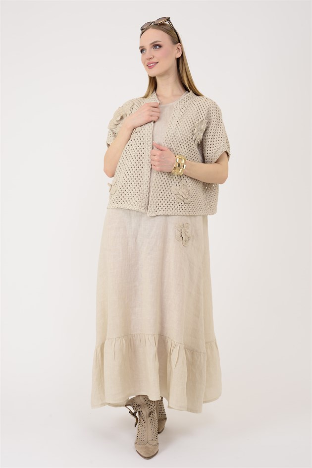 25585 APLİKE ÇİÇEK DETAYLI AJURLU BOLEROLU 2Lİ KETEN TAKIM ELBİSE