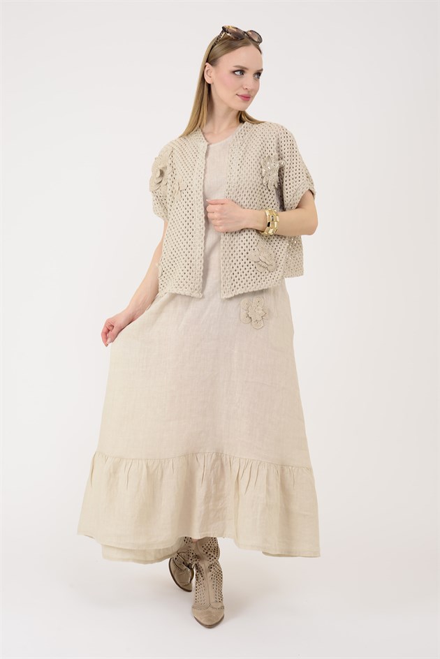 25585 APLİKE ÇİÇEK DETAYLI AJURLU BOLEROLU 2Lİ KETEN TAKIM ELBİSE