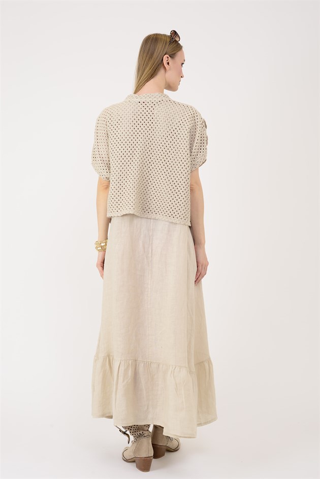 25585 APLİKE ÇİÇEK DETAYLI AJURLU BOLEROLU 2Lİ KETEN TAKIM ELBİSE