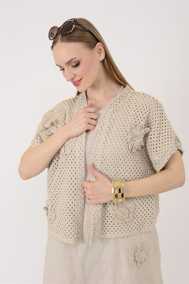 25585 APLİKE ÇİÇEK DETAYLI AJURLU BOLEROLU 2Lİ KETEN TAKIM ELBİSE