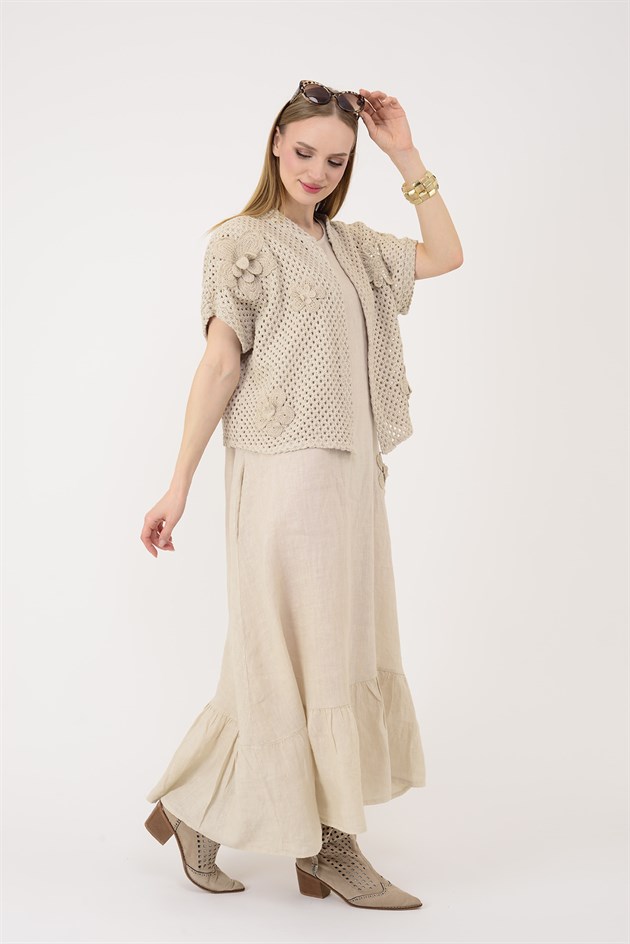 25585 APLİKE ÇİÇEK DETAYLI AJURLU BOLEROLU 2Lİ KETEN TAKIM ELBİSE