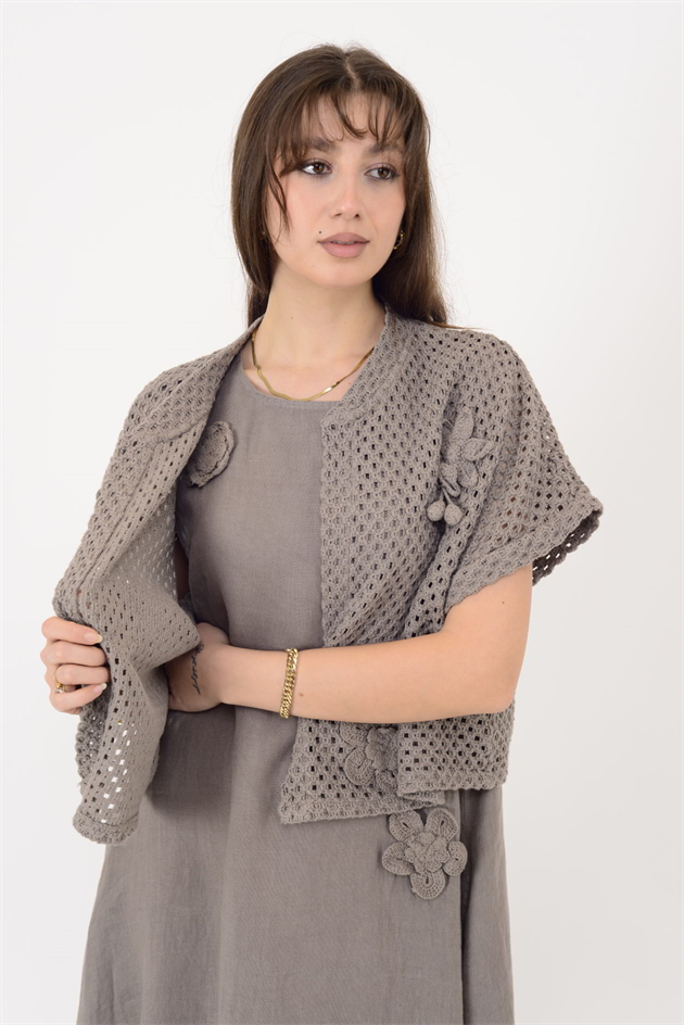 25585 APLİKE ÇİÇEK DETAYLI AJURLU BOLEROLU 2Lİ KETEN TAKIM ELBİSE