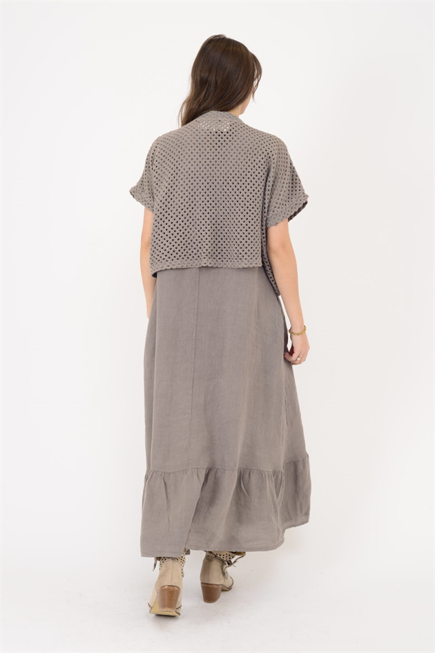 25585 APLİKE ÇİÇEK DETAYLI AJURLU BOLEROLU 2Lİ KETEN TAKIM ELBİSE