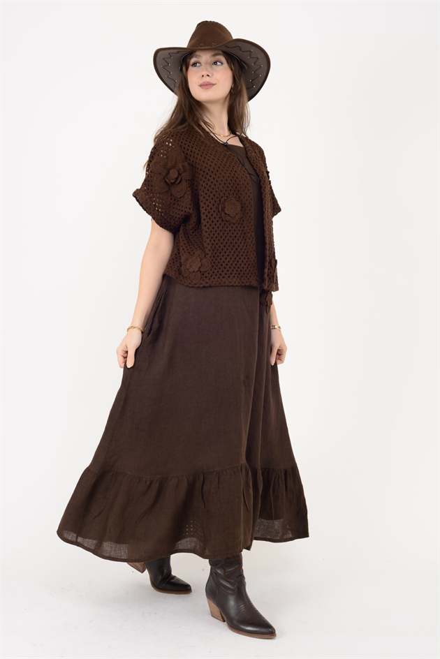 25585 APLİKE ÇİÇEK KABARTMALI 2Lİ KETEN TAKIM ELBİSE