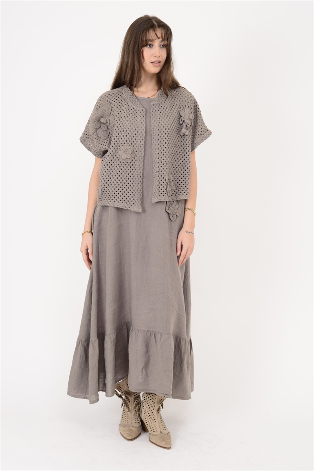 25585 APLİKE ÇİÇEK DETAYLI AJURLU BOLEROLU 2Lİ KETEN TAKIM ELBİSE