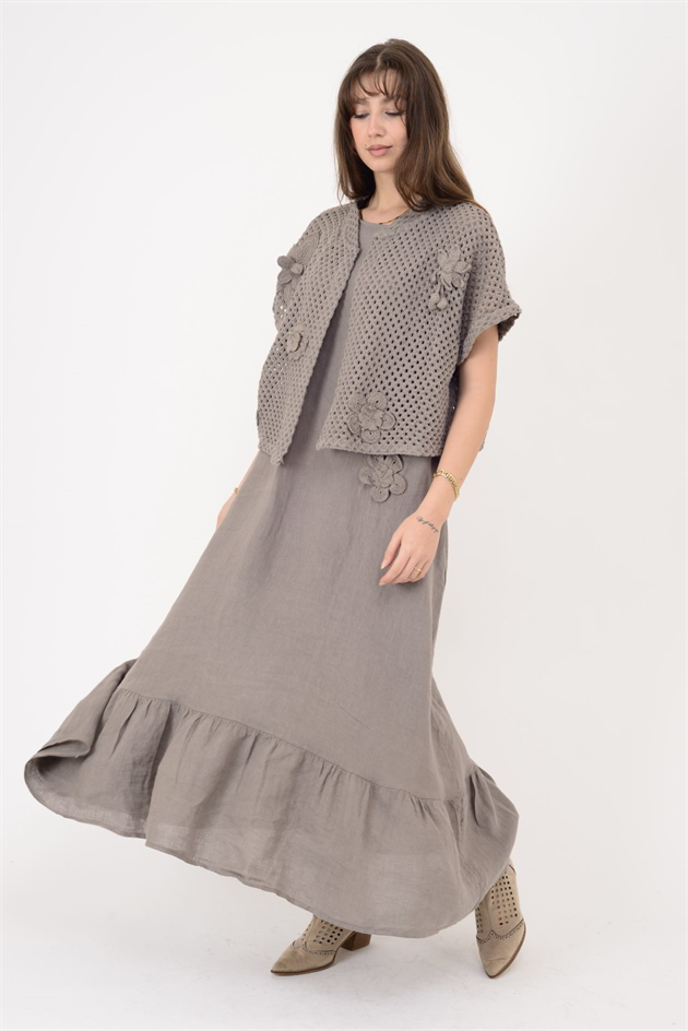 25585 APLİKE ÇİÇEK DETAYLI AJURLU BOLEROLU 2Lİ KETEN TAKIM ELBİSE