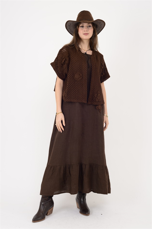 25585 APLİKE ÇİÇEK KABARTMALI 2Lİ KETEN TAKIM ELBİSE