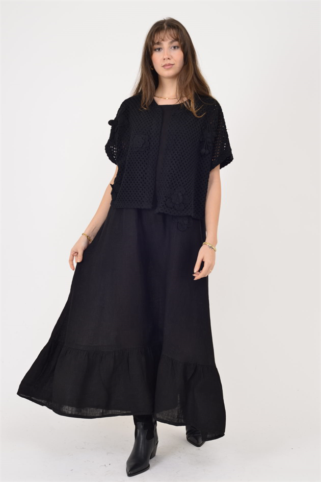 25585 APLİKE ÇİÇEK KABARTMALI 2Lİ KETEN TAKIM ELBİSE