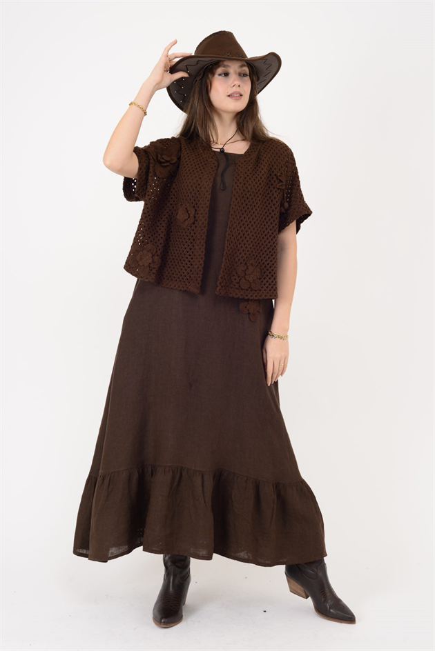 25585 APLİKE ÇİÇEK KABARTMALI 2Lİ KETEN TAKIM ELBİSE