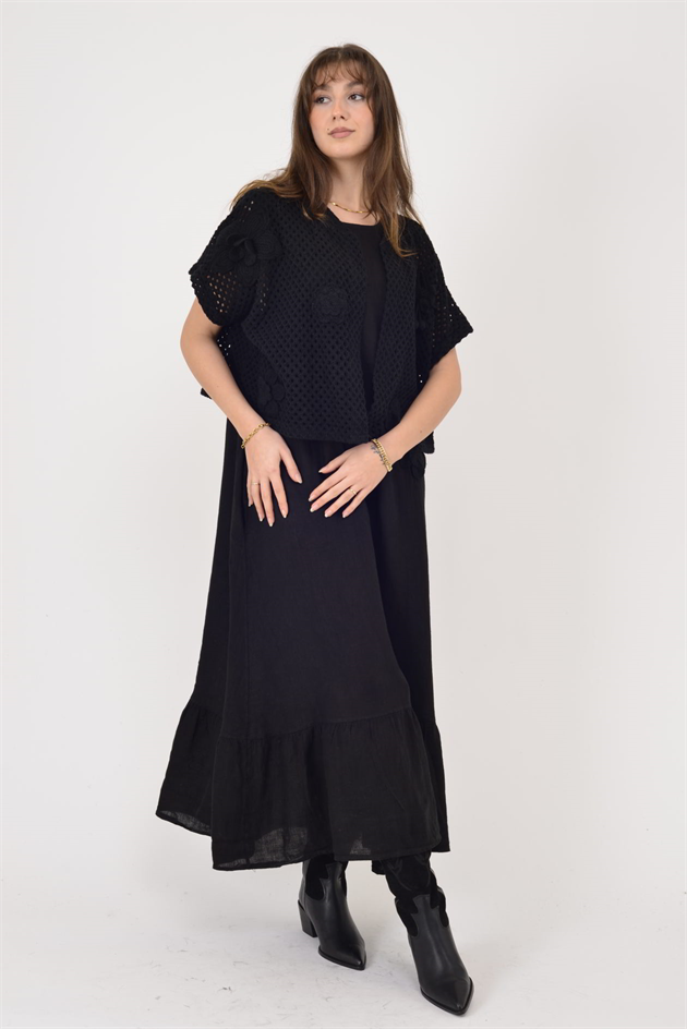 25585 APLİKE ÇİÇEK KABARTMALI 2Lİ KETEN TAKIM ELBİSE