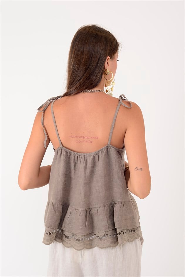 26509 FİSTO DETAYLI ASKILI KETEN BLUZ