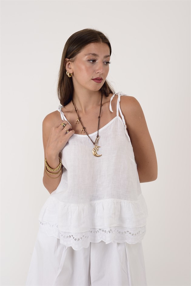 26509 FİSTO DETAYLI ASKILI KETEN BLUZ
