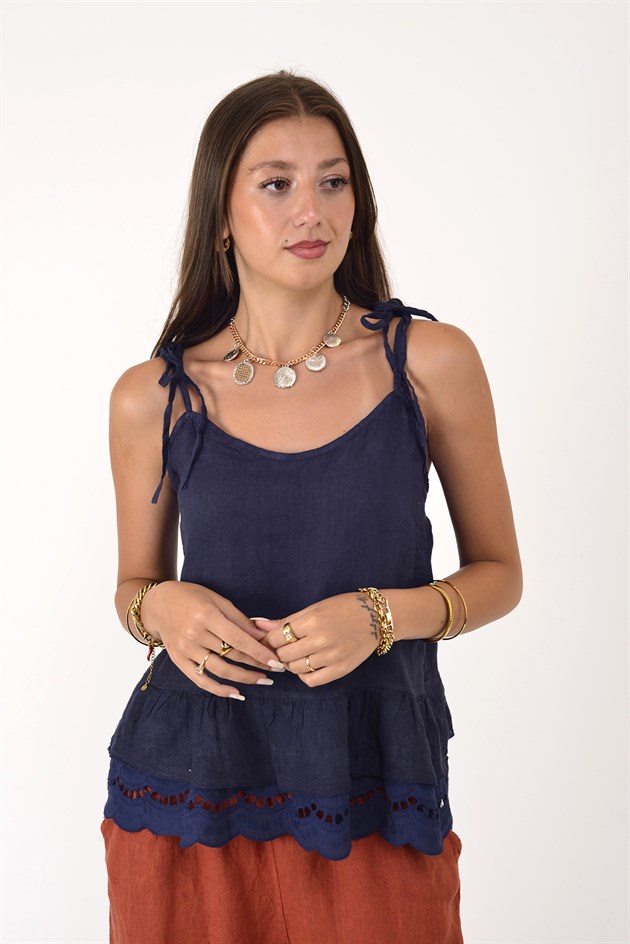 26509 FİSTO DETAYLI ASKILI KETEN BLUZ