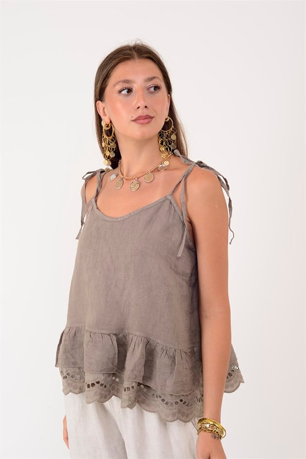 26509 FİSTO DETAYLI ASKILI KETEN BLUZ