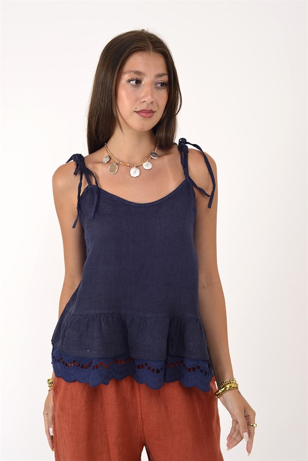 26509 FİSTO DETAYLI ASKILI KETEN BLUZ