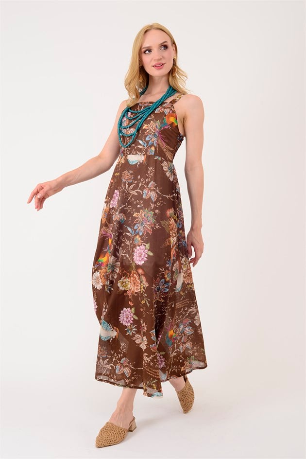 26586 TROPİKAL DESEN KARE YAKA ELBİSE