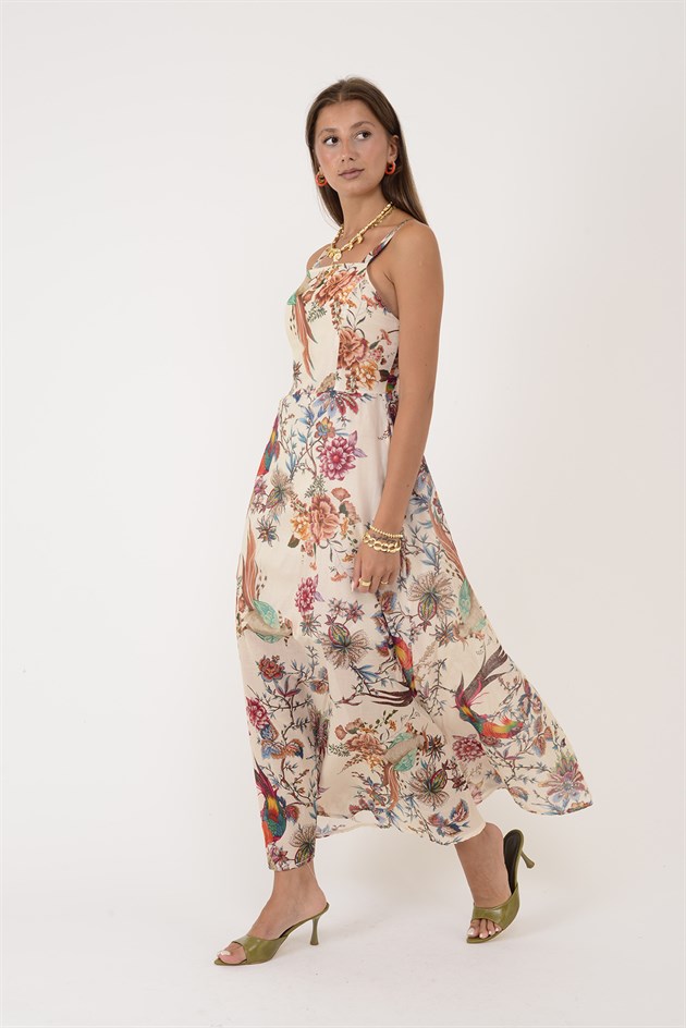 26586 TROPİKAL DESEN KARE YAKA ELBİSE