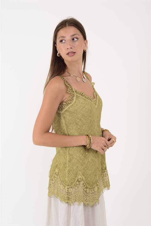 26698 DANTELLİ ASKILI KETEN BLUZ