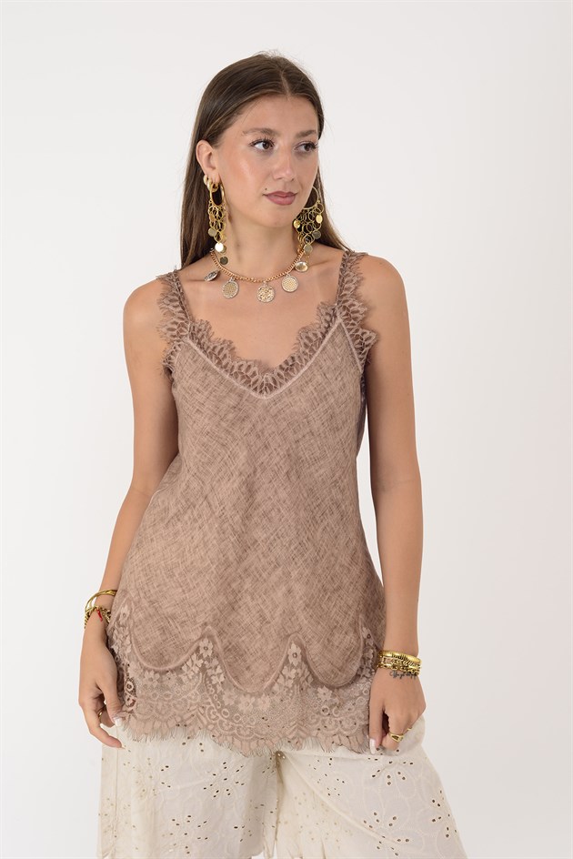 26698 DANTELLİ ASKILI KETEN BLUZ