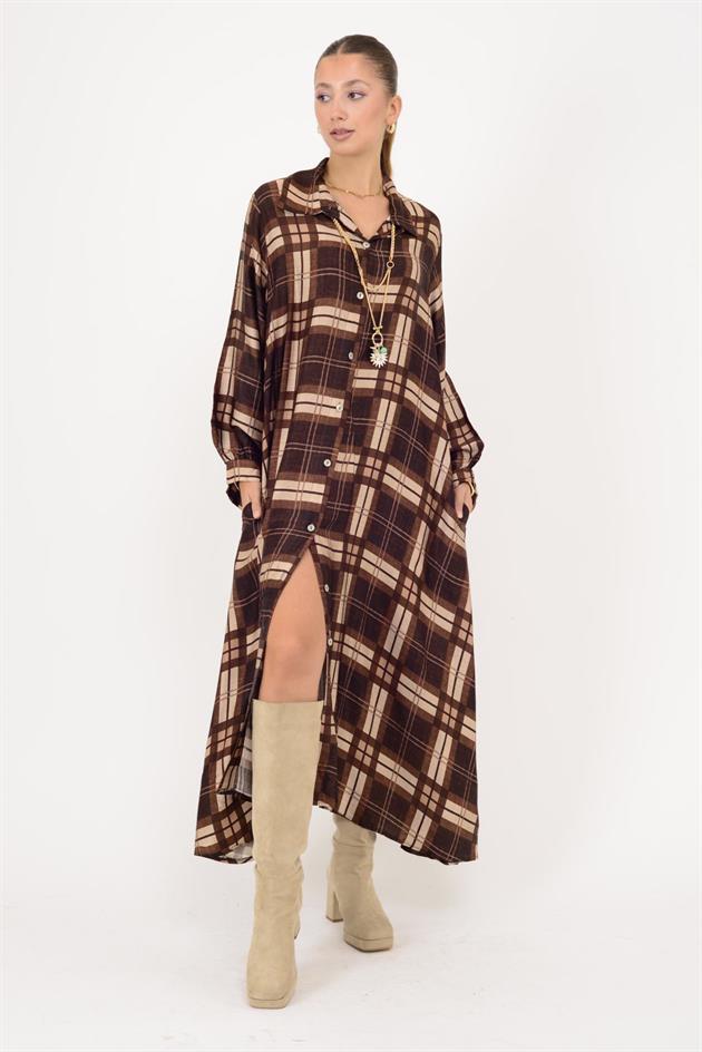 2743 LOVA EKOSE DESEN SATEN GÖMLEK ELBİSE