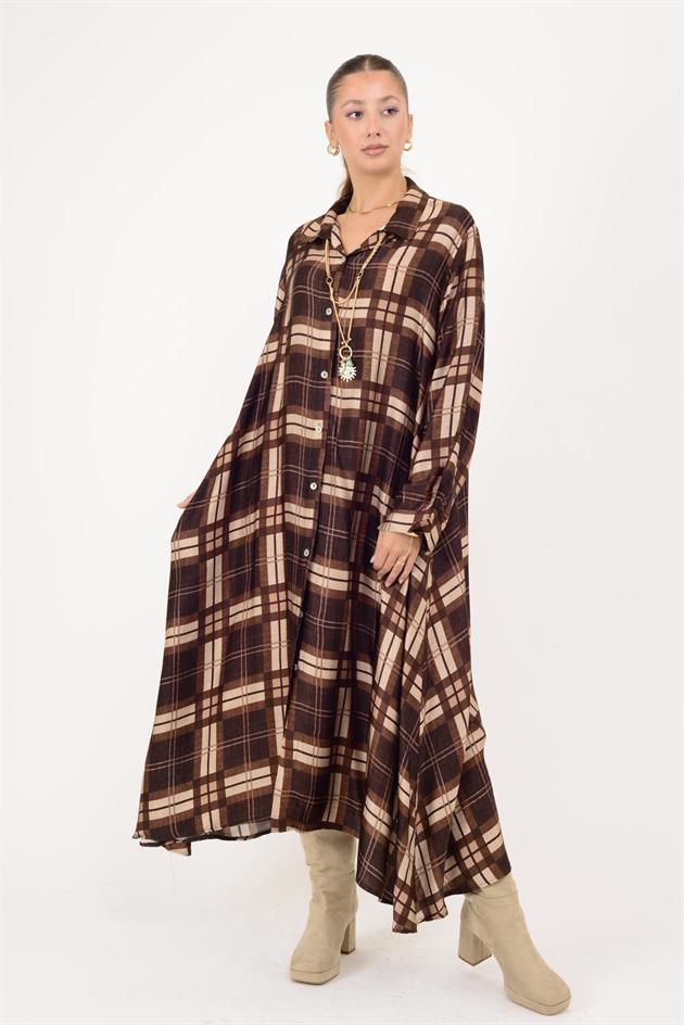 2743 LOVA EKOSE DESEN SATEN GÖMLEK ELBİSE