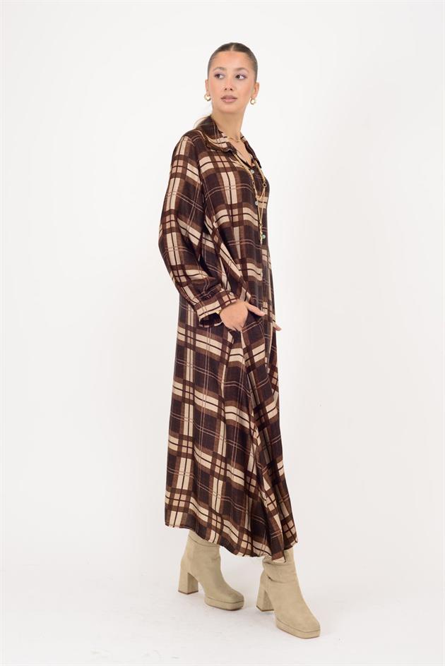 2743 LOVA EKOSE DESEN SATEN GÖMLEK ELBİSE