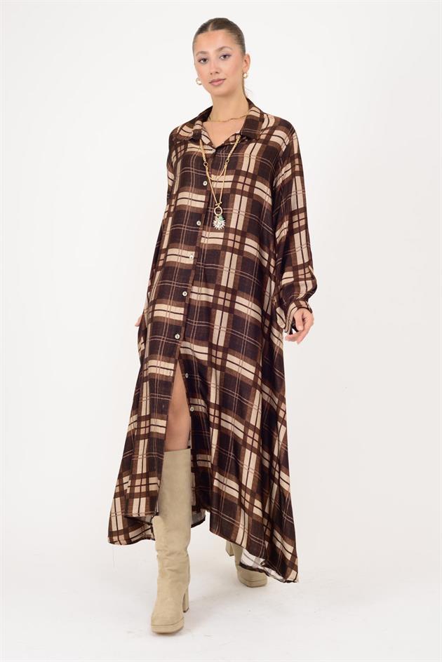 2743 LOVA EKOSE DESEN SATEN GÖMLEK ELBİSE