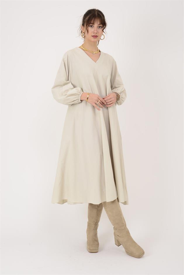 2752 LOVA BALON KOL DETAYLI V YAKA KADİFE ELBİSE