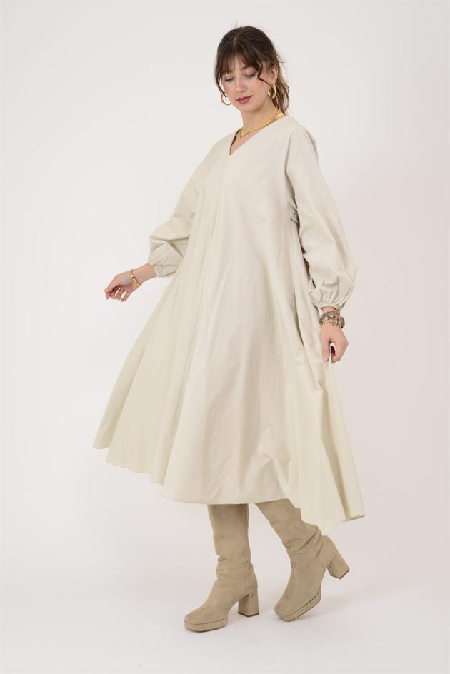 2752 LOVA BALON KOL DETAYLI V YAKA KADİFE ELBİSE