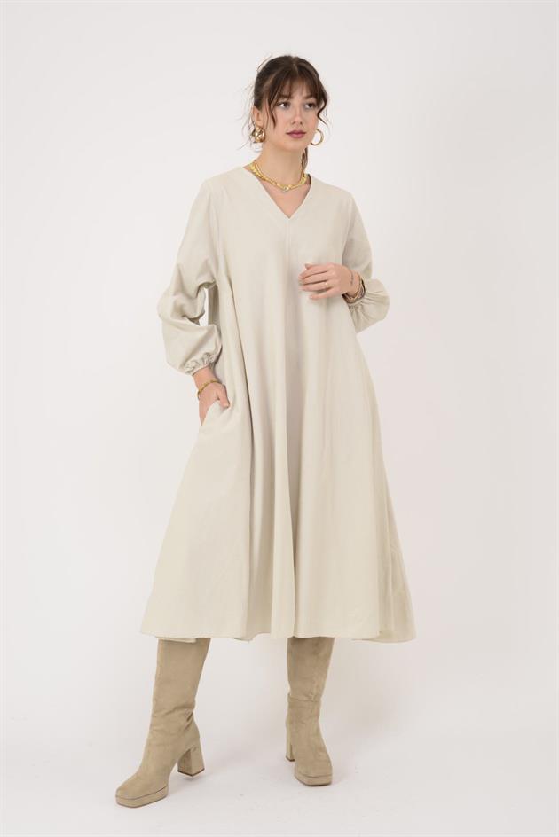 2752 LOVA BALON KOL DETAYLI V YAKA KADİFE ELBİSE