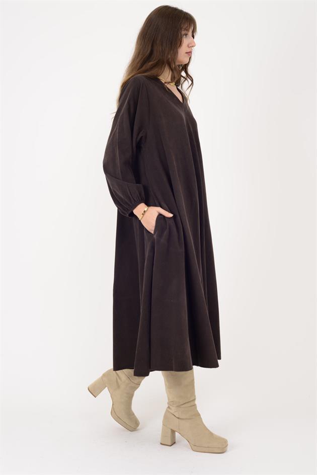 2752 LOVA BALON KOL DETAYLI V YAKA KADİFE ELBİSE