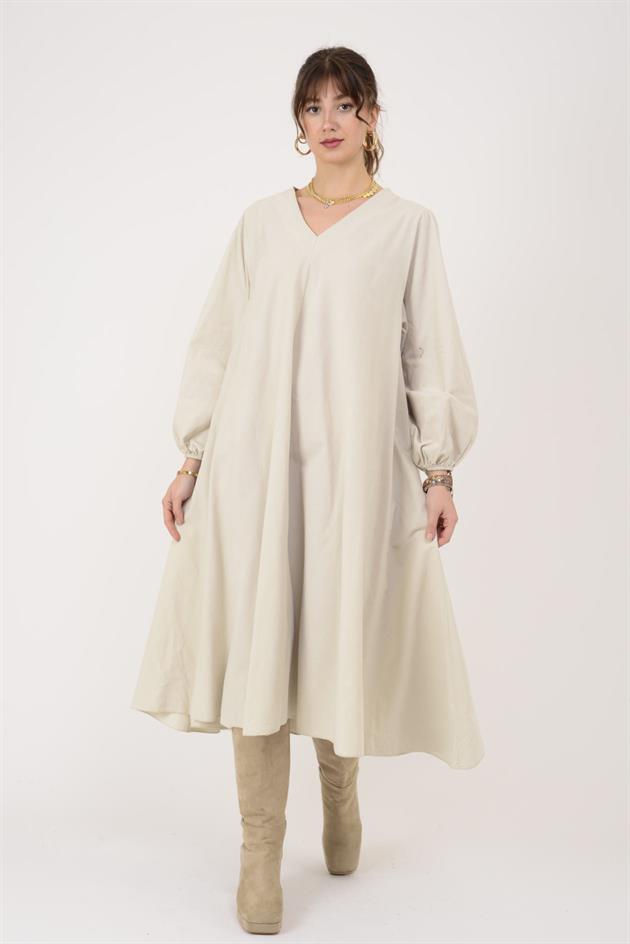 2752 LOVA BALON KOL DETAYLI V YAKA KADİFE ELBİSE