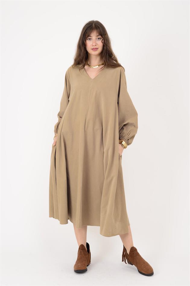 2752 LOVA BALON KOL DETAYLI V YAKA KADİFE ELBİSE