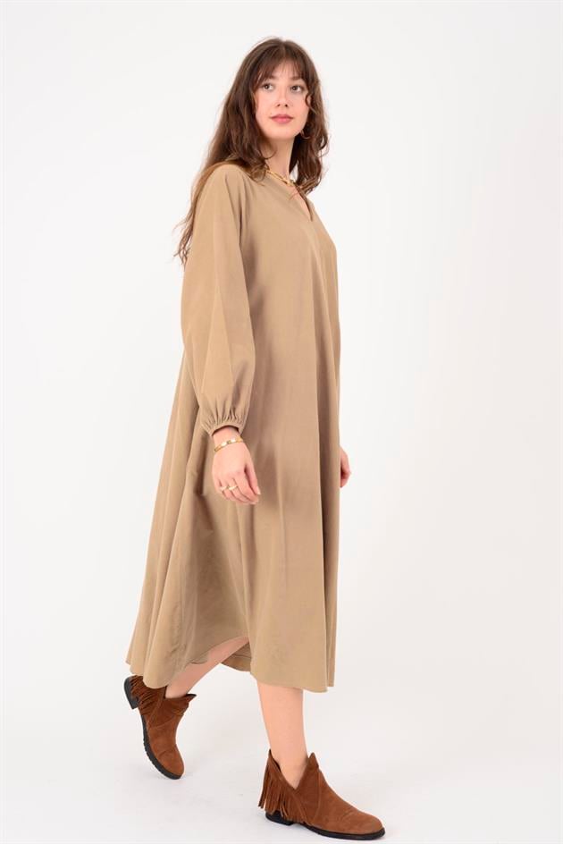 2752 LOVA BALON KOL DETAYLI V YAKA KADİFE ELBİSE