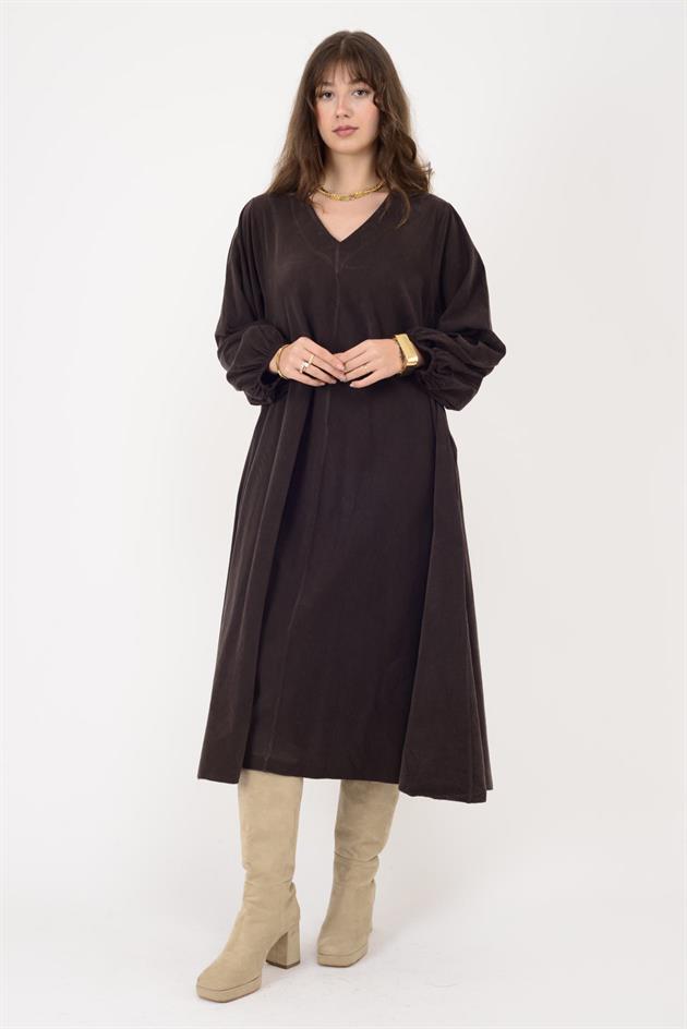 2752 LOVA BALON KOL DETAYLI V YAKA KADİFE ELBİSE