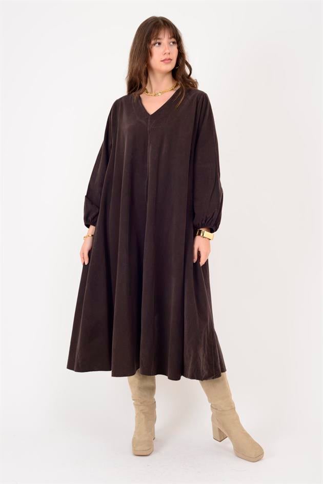 2752 LOVA BALON KOL DETAYLI V YAKA KADİFE ELBİSE