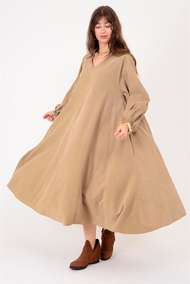 2752 LOVA BALON KOL DETAYLI V YAKA KADİFE ELBİSE