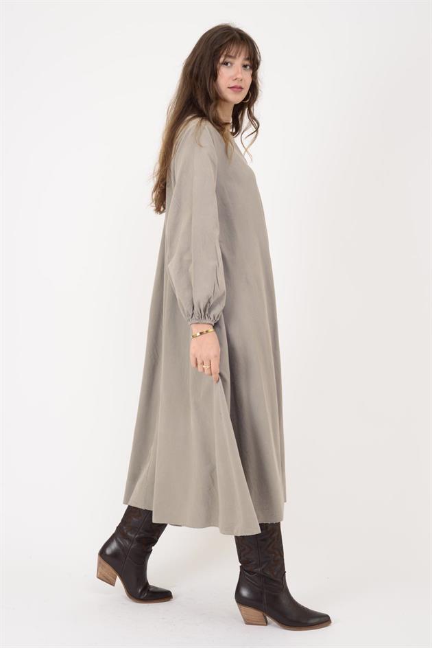 2752 LOVA BALON KOL DETAYLI V YAKA KADİFE ELBİSE