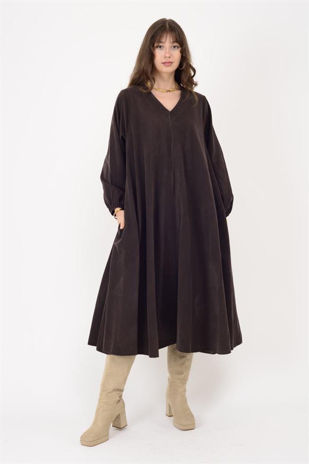 2752 LOVA BALON KOL DETAYLI V YAKA KADİFE ELBİSE