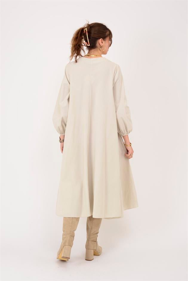 2752 LOVA BALON KOL DETAYLI V YAKA KADİFE ELBİSE